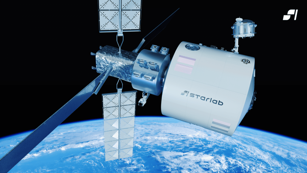Artystyczna wizja stacji kosmicznej Starlab na orbicie okołoziemskiej