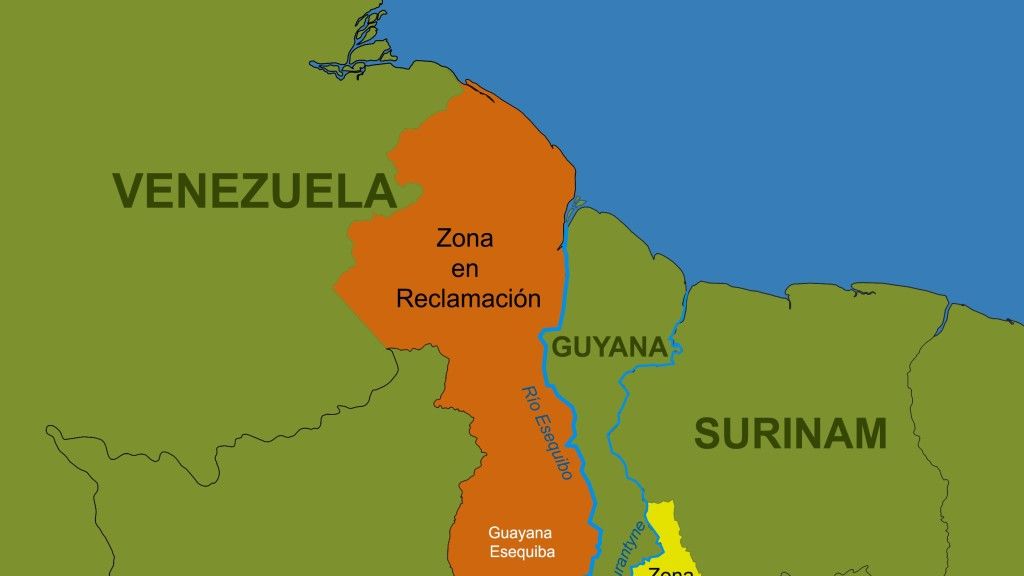 Mapa obszaru Gujany, który według komunistycznego reżimu w Caracas powinien należeć do Wenezueli.