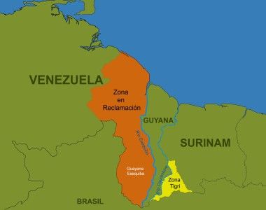 Mapa obszaru Gujany, który według komunistycznego reżimu w Caracas powinien należeć do Wenezueli.