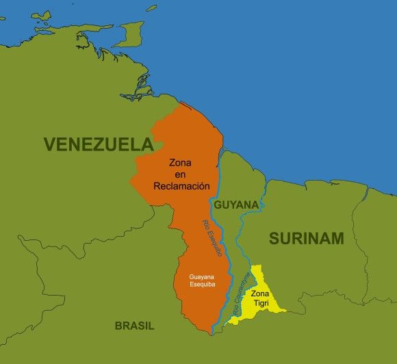 Mapa obszaru Gujany, który według komunistycznego reżimu w Caracas powinien należeć do Wenezueli.