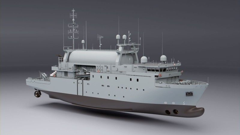 Najnowsza wizualizacja przyszłych polskich okrętów rozpoznania radioelektronicznego projektu 107 Delfin.