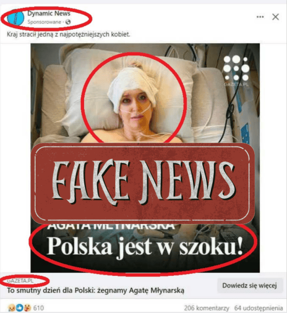 Fałszywa reklama wykorzystująca wizerunek Agaty Młynarskiej i podszywająca się pod serwis Gazeta.pl