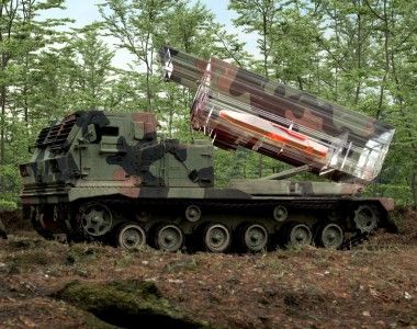 Wizualizacja pocisku manewrującego MBDA JFS-M załadowanego do wyrzutni rakiet M270 MLRS.