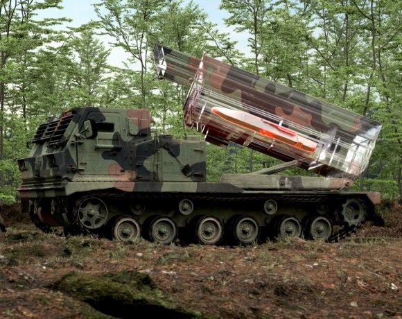 Wizualizacja pocisku manewrującego MBDA JFS-M załadowanego do wyrzutni rakiet M270 MLRS.
