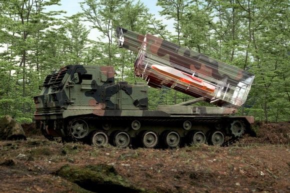 Wizualizacja pocisku manewrującego MBDA JFS-M załadowanego do wyrzutni rakiet M270 MLRS.