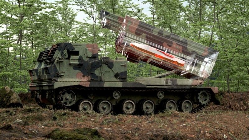 Wizualizacja pocisku manewrującego MBDA JFS-M załadowanego do wyrzutni rakiet M270 MLRS.