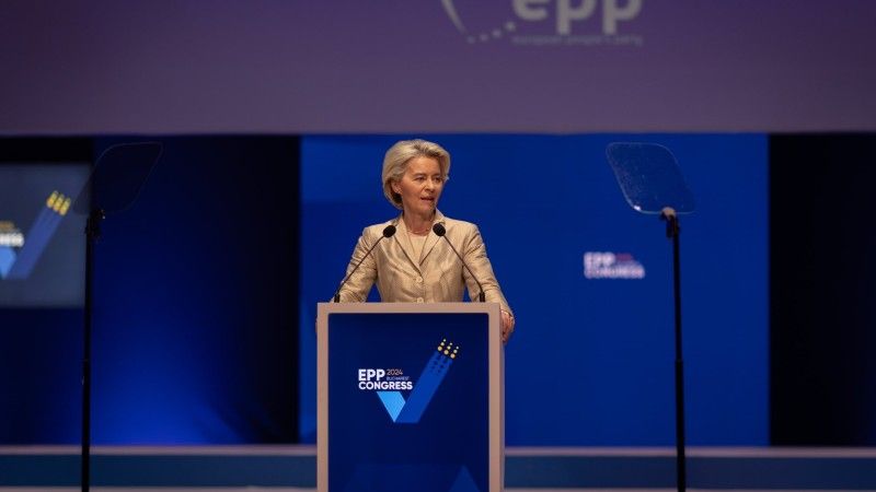 Ursula von der Leyen podczas przemowy na kongresie EPL po nominacji na kandydatkę na szefową Komisji Europejskiej 07.03.2024 r.