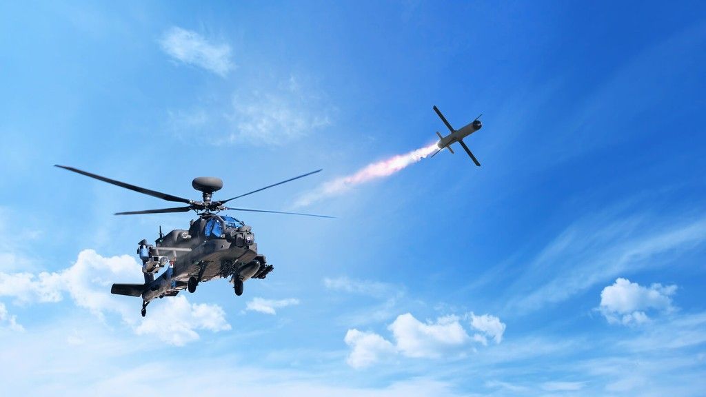 Wizualizacja wystrzelenia przeciwpancernego pocisku kierowanego Spike NLOS ze śmigłowca szturmowego AH-64 Apache.
