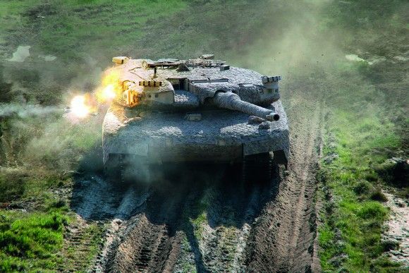 Wizualizacja systemu aktywnej ochrony pojazdu klasy hard-kill Rheinmetall StrikeShield.