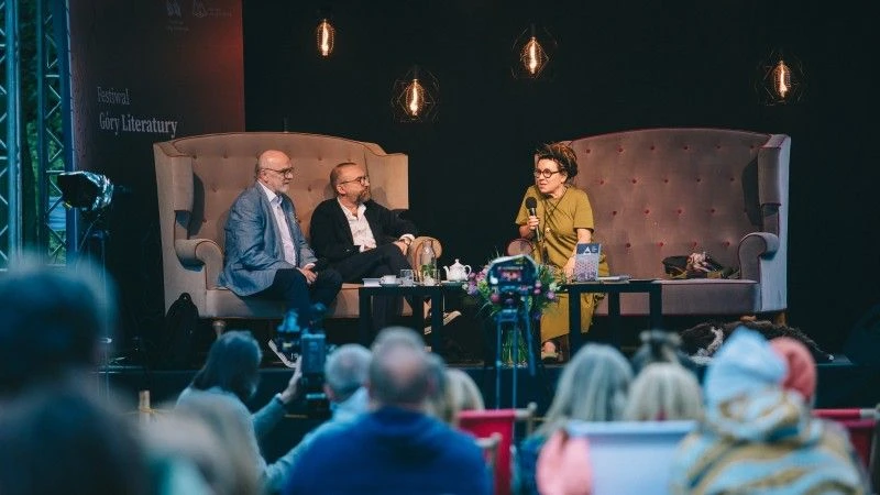 Olga Tokarczuk, Leszek Kolankiewicz, Tomasz Stawiszyński w trakcie Festiwalu Góra Literatury