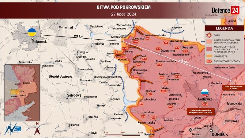 Mapa przedstawiająca przebieg bitwy pod Pokrowskiem - 27 lipca 2024 r.