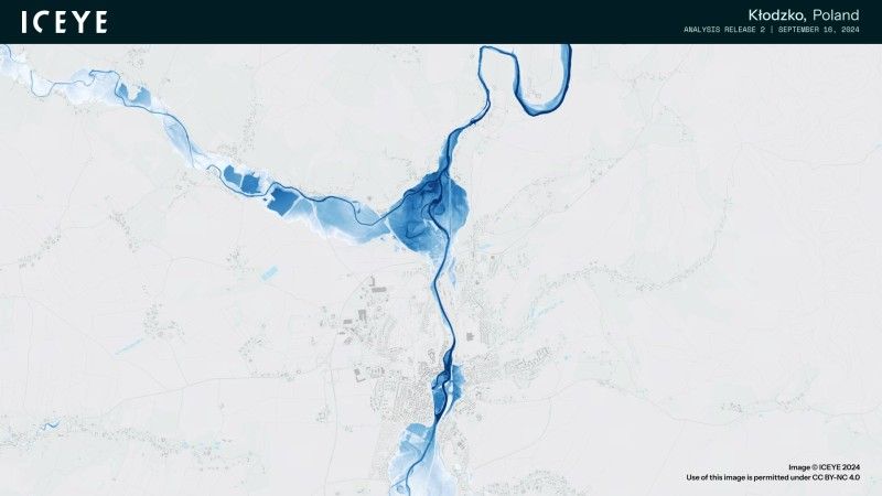 Zakres i głębokość wód powodziowych w Kłodzku - w oparciu o analizę sytuacji powodziowej autorstwa ICEYE - 16 września 2024 r.