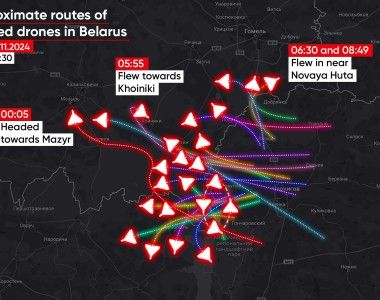 Mapa naruszenia przestrzeni powietrznej Białorusi przez Szahidy