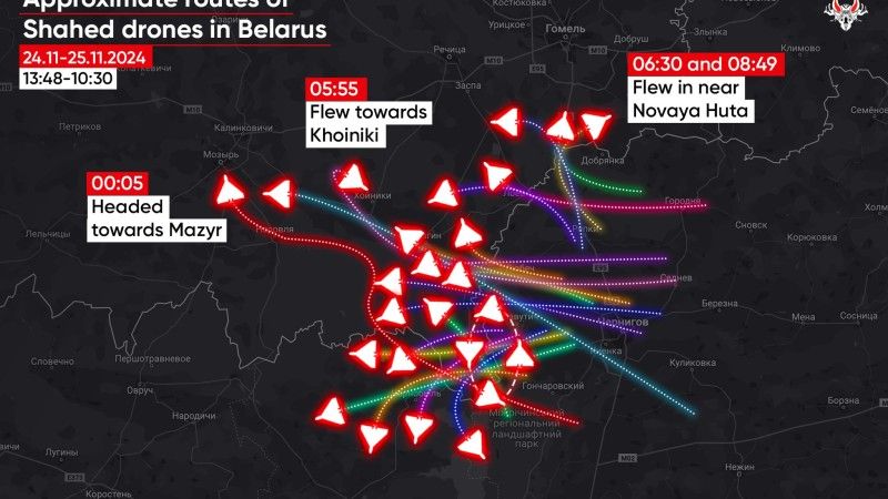 Mapa naruszenia przestrzeni powietrznej Białorusi przez Szahidy