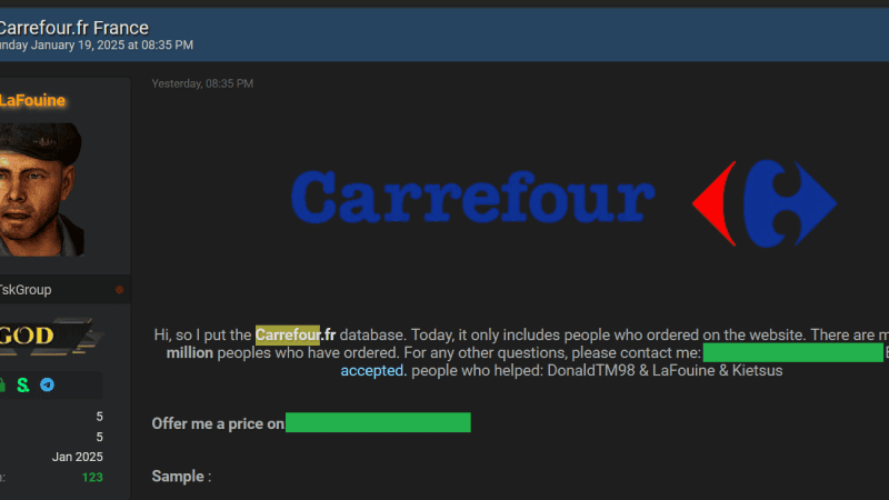 Cyberprzestęca twierdzi, że wykradł dane 13 milionów klientów sklepów Carrefour