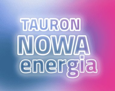 Świecący napis "Tauron Nowa Energia" na niebiesko-różowym tle