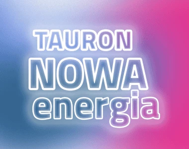Świecący napis "Tauron Nowa Energia" na niebiesko-różowym tle