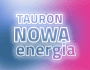 Świecący napis "Tauron Nowa Energia" na niebiesko-różowym tle