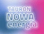 Świecący napis "Tauron Nowa Energia" na niebiesko-różowym tle