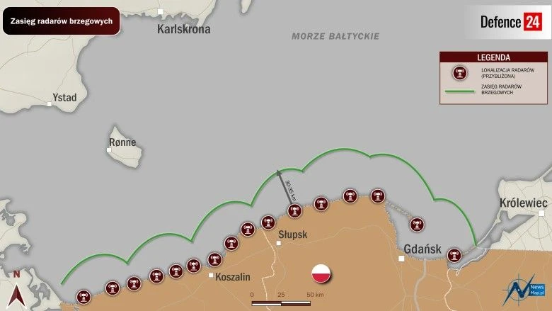 Zakres obserwacji radarów obserwacji nawodnej rozwiniętych wzdłuż polskiego wybrzeża