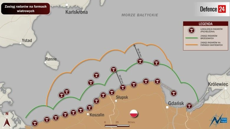 Zakres obserwacji radarów obserwacji nawodnej rozwiniętych wzdłuż polskiego wybrzeża i radarów zainstalowanych na wybranych wiatrakach morskich farm wiatrowych zbudowanych w I fazie