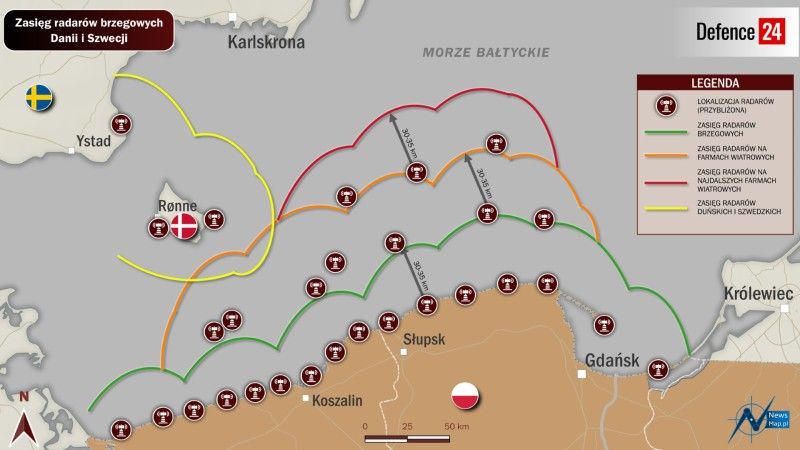 Zakres obserwacji radarów rozwiniętych wzdłuż polskiego wybrzeża, na Bornholmie, na południu Szwecji i radarów zainstalowanych na wybranych wiatrakach morskich farm wiatrowych zbudowanych