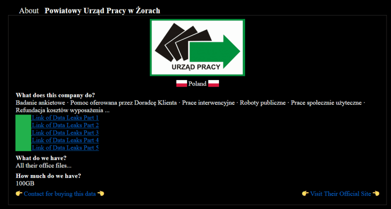 Post na stronie cyberprzestępców z linkami do pobrania danych