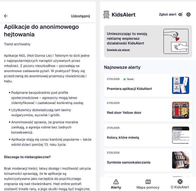 Zrzuty ekranu z aplikacji Kids Alert