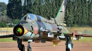 Polski Suchoj Su-22M4 na pokazach lotniczych Royal International Air Tattoo 2014 w bazie lotniczej Fairford w Wielkiej Brytanii.