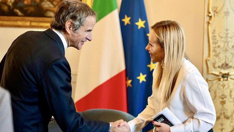 Italy's Prime Minister Giorgia Meloni with the chief of the International Atomic Energy Agency Rafael Grossi.