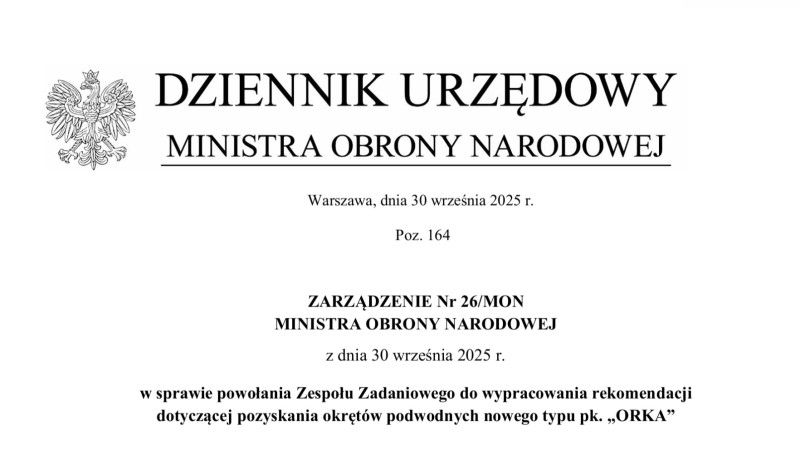 Zarządzenie nr 26/MON z dnia 30 września 2025 roku w sprawie powołania Zespołu Zadaniowego
