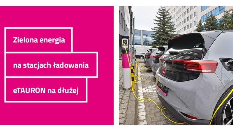grafika z ładującym się samochodem elektrycznym i napisem: zielona energia na stacjach ładowania eTauron na dłużej