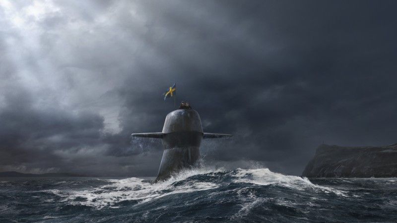 Wizualizacja szwedzkiego okrętu podwodnego projektu A26 (typu Blekinge) w wynurzeniu.
