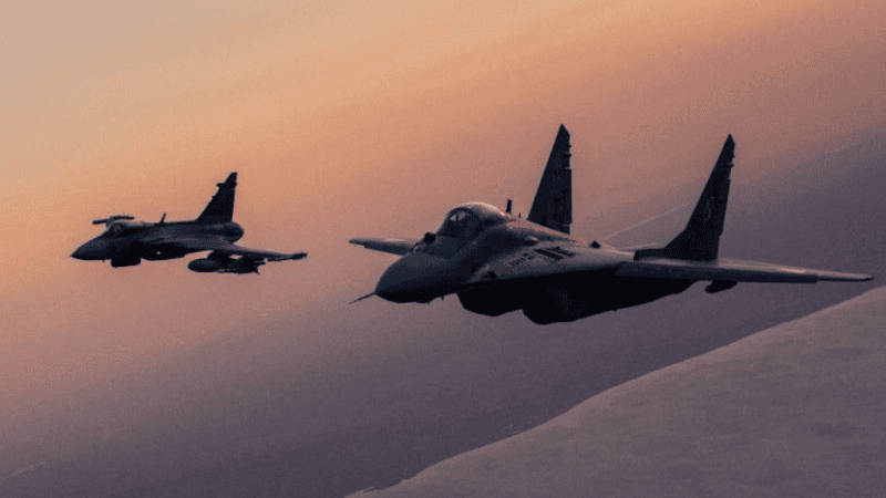 Polish MiG-29 and a Gripen with Meteor missiles in the background
