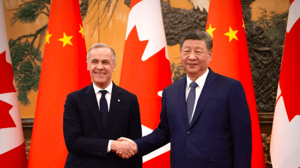 Mężczyźni podają sobie rękę na tle flag Chin i Kanady