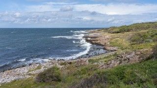 Widok na szlak na duńskiej wyspie Bornholm, zielone wybrzeże, skały i morze.