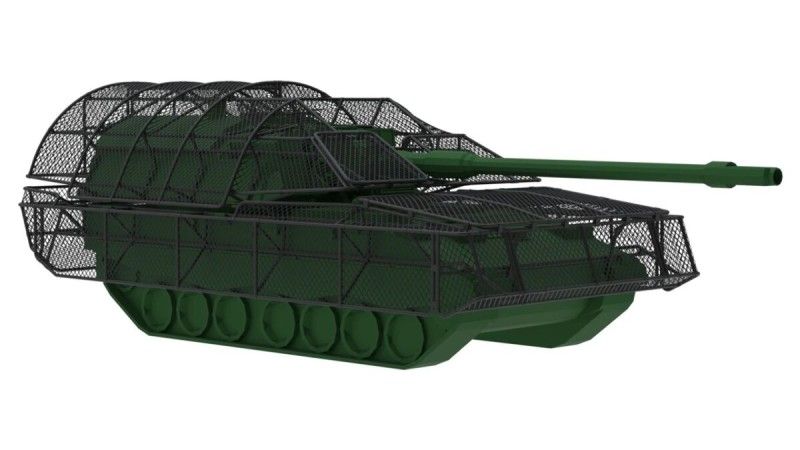 Wizualizacja pancerza siatkowego stanowiącego osłonę antydronową dla armatohaubicy PzH 2000 od holenderskiej firmy COBBS Industries BV.