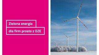 Grafika firmy Tauron z turbinami wiatrowymi zimą i napisem "Zielona energia dla firm prosto z OZE"
