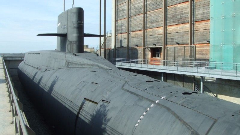 Le Redoutable in dry dock. Launched in Cherbourg in 1967, commissioned in 1971, and decommissioned in 1991, the 8,000-ton submarine was France’s first nuclear ballistic missile submarine, designed to carry 16 missiles.