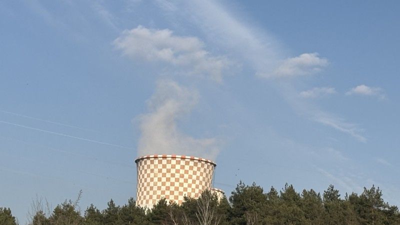 widok na chłodnię zza lasu