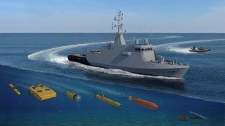 Niszczyciel min projektu 258 Kormoran II z całą paletą swoich pojazdów podwodnych.