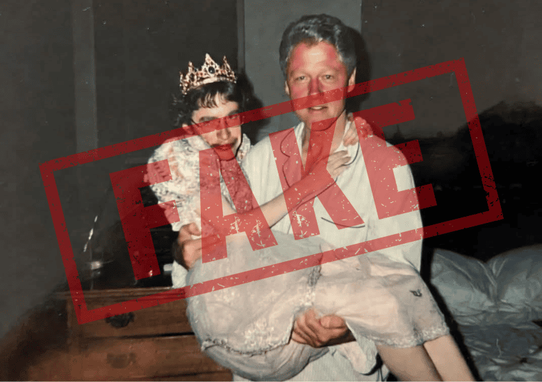 Przykład sfałszowanego zdjęcia przedstawiającego Stephena Hawkinga w objęciach Billa Clintona