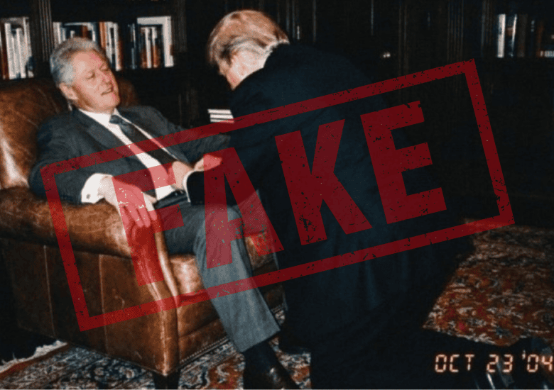 Zdjęcie przedstawia Donalda Trumpa i Billa Clintona w dwuznacznej sytuacji