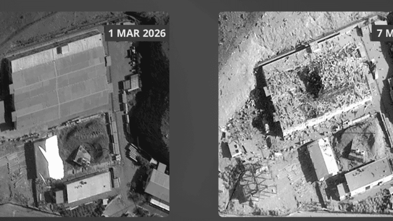 Zdjęcia satelitarne z ataku USA na irańską fabrykę rakiet niedaleko Teheranu.