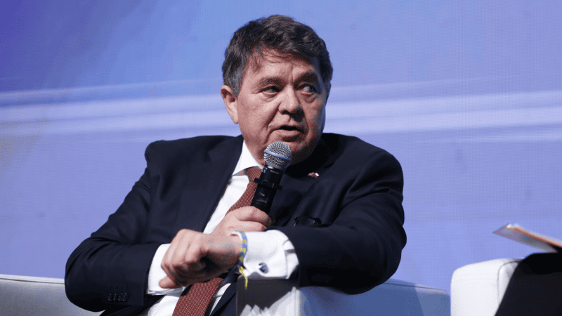 Ambasador mówi do mikrofonu na scenie podczas panelu