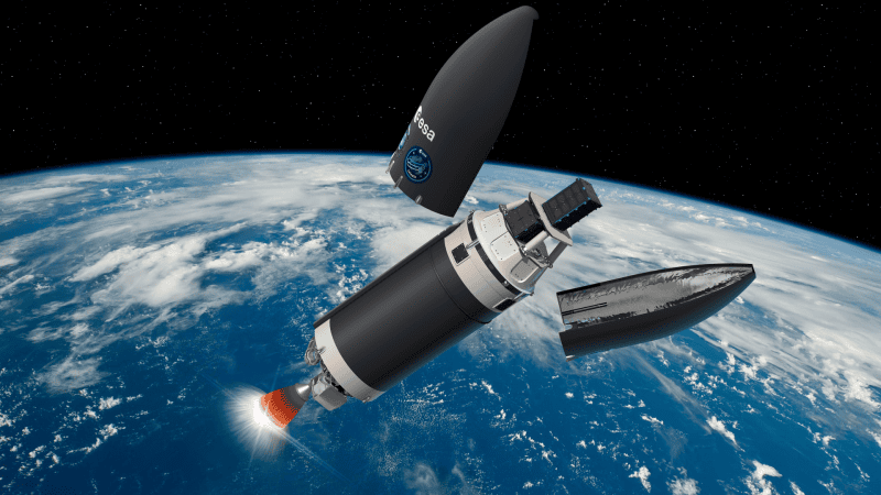 Wizualizacja satelitów Celeste w trakcie separacji od rakiety nośnej na orbicie okołoziemskiej.