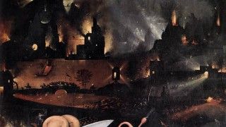 Fragment tryptyku "Ogród rozkoszy ziemskich" Hieronima Boscha, scena z panelu przedstawiającego piekło, ukazująca długie promienie światła emitowane z płonącego miasta.