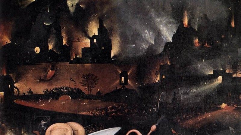 Fragment tryptyku "Ogród rozkoszy ziemskich" Hieronima Boscha, scena z panelu przedstawiającego piekło, ukazująca długie promienie światła emitowane z płonącego miasta.