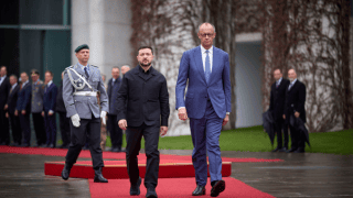Ukrainian president Volodymyr Zelenskyy and German chancellor Friedrich Merz in Berlin on 14 April 2026.