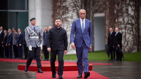 Ukrainian president Volodymyr Zelenskyy and German chancellor Friedrich Merz in Berlin on 14 April 2026.